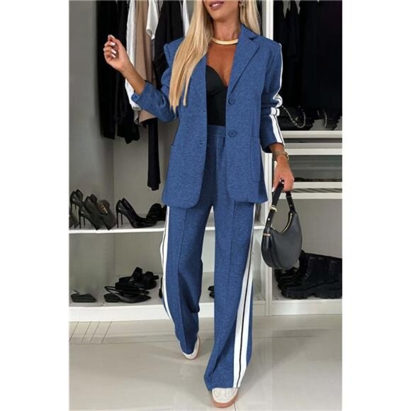 Full Size Contrast Lapel Collar Top and Pants Set - Picture 6 of 17